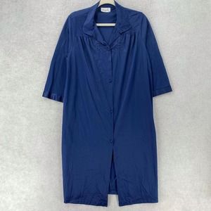 Vanity Fair Shirt Nightgown Women MEDIUM Button Front 3/4 Sleeve Nylon Blue Midi